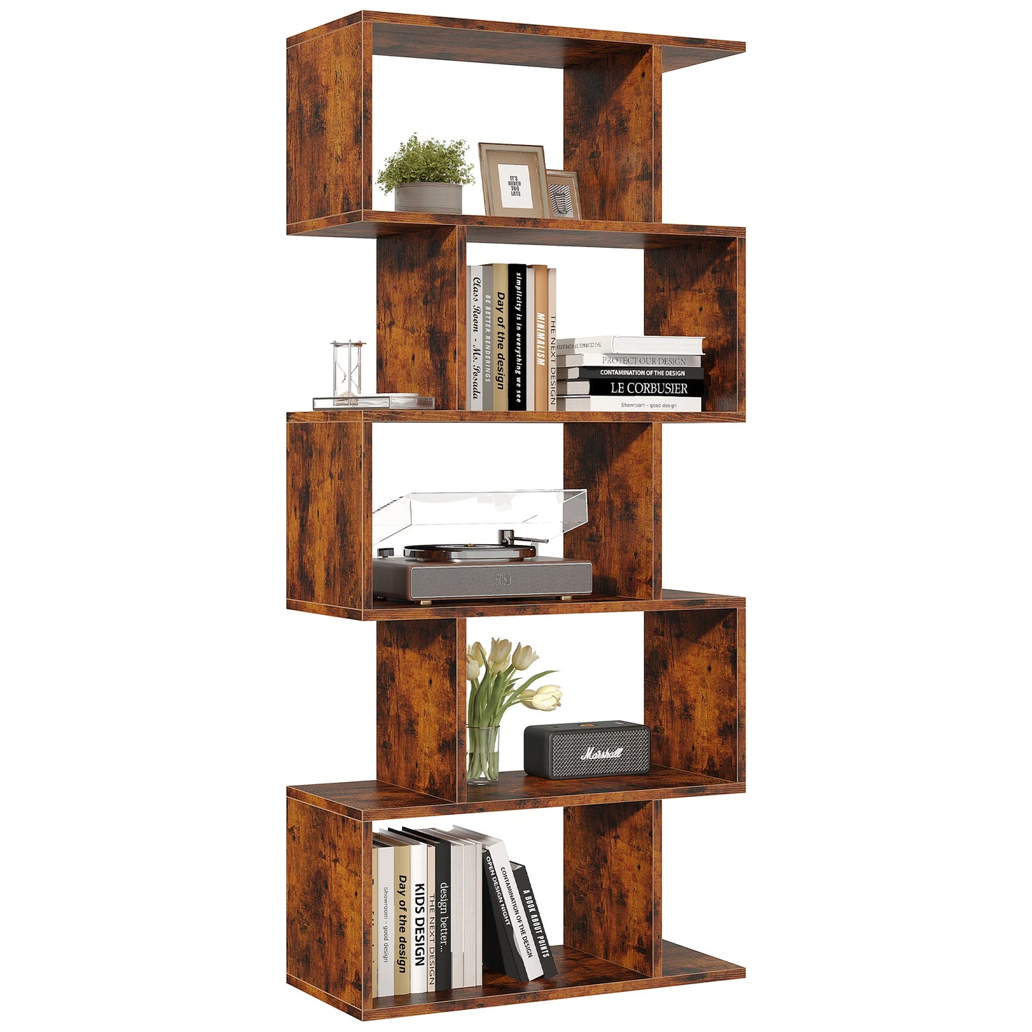 JHK Geometric S Shaped 5 Tier Wooden Bookcase Storage Shelf