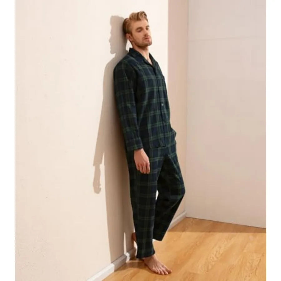 Men's Plaid Pajama Set Long Sleeve Top And Pants Sleepwear