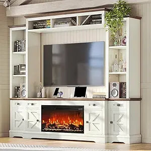 Farmhouse Entertainment Center With Fireplace TV Stand Bookshelf Wine Cabinet