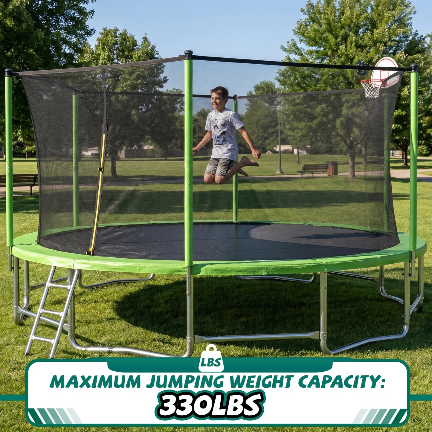 Outdoor Trampoline With Balance Bar And Basketball Hoop Enclosure Net