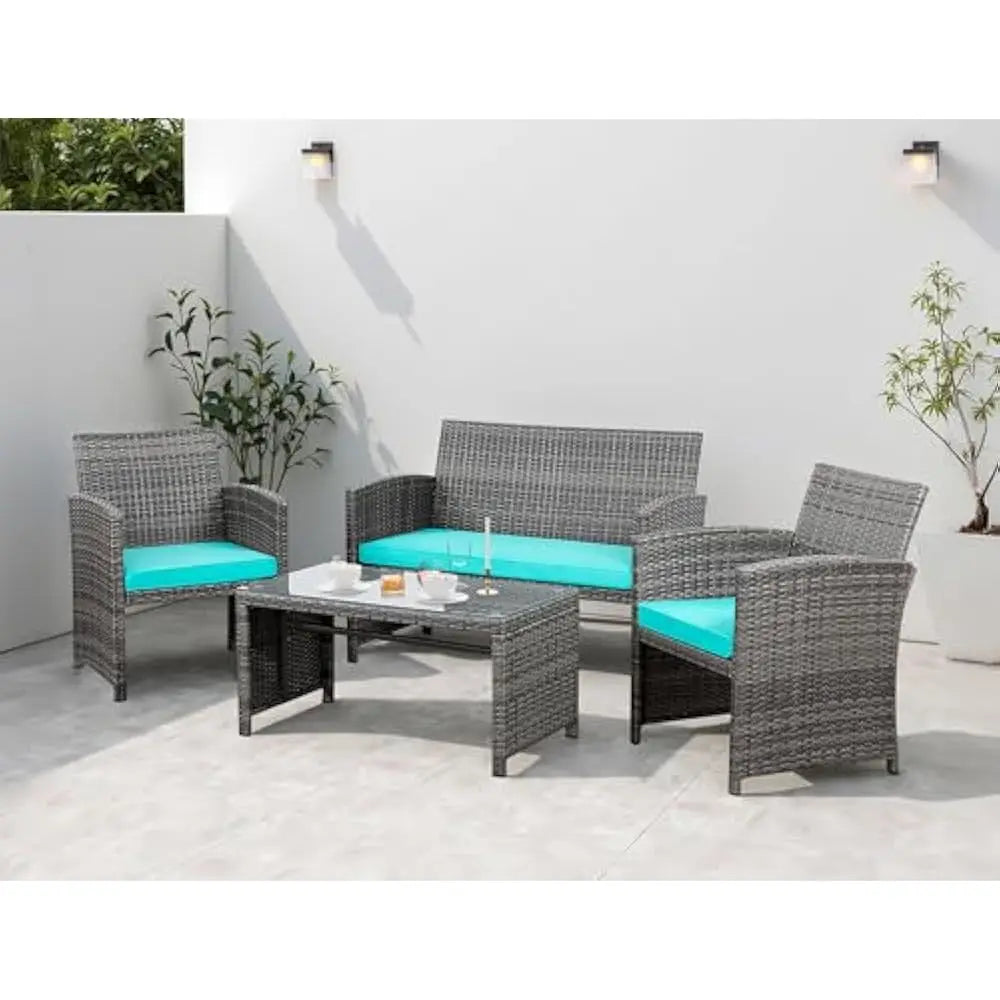 Folded Rattan Patio Set 4 Piece Outdoor Furniture Cushions