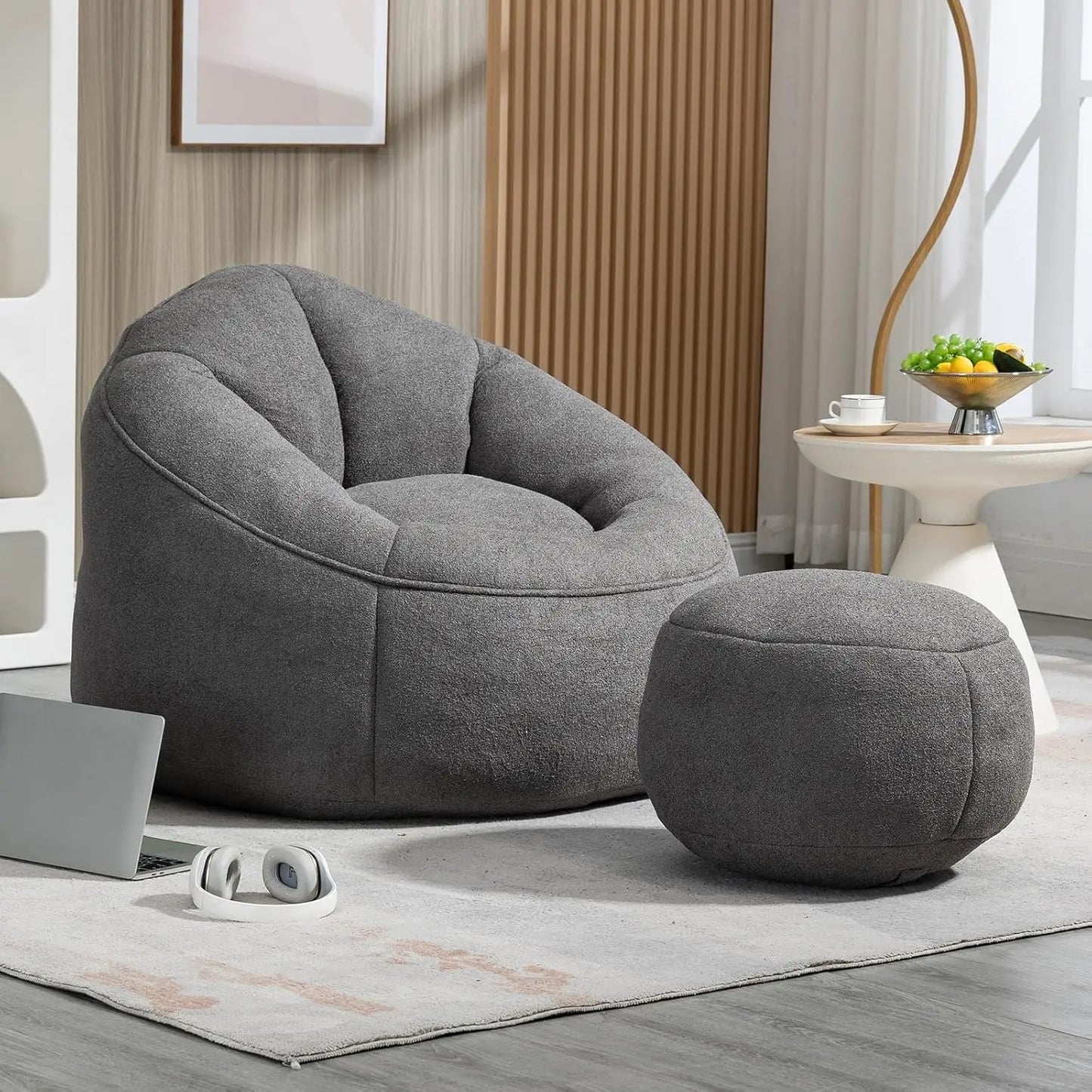 Beanbag Chair And Footstool With Foam Cushions For Living Room