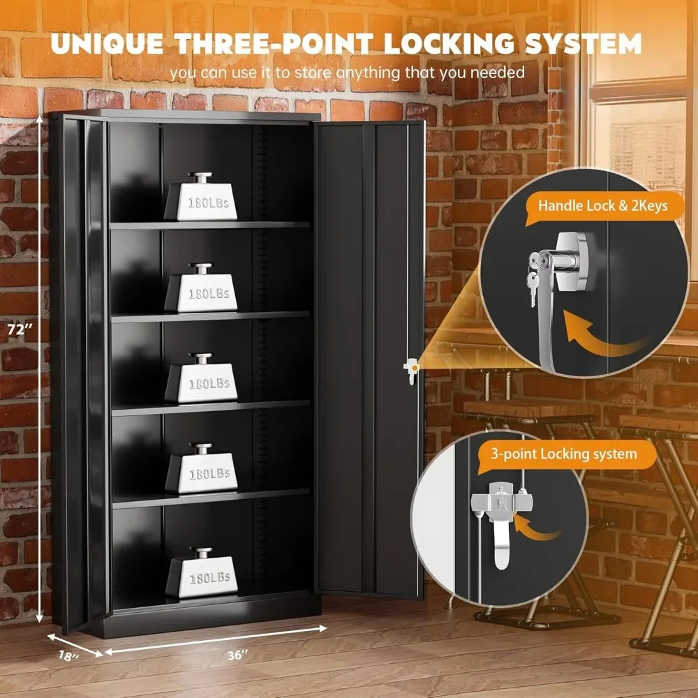 Steel Locking Garage Storage Cabinet With 4 Adjustable Shelves Two Doors