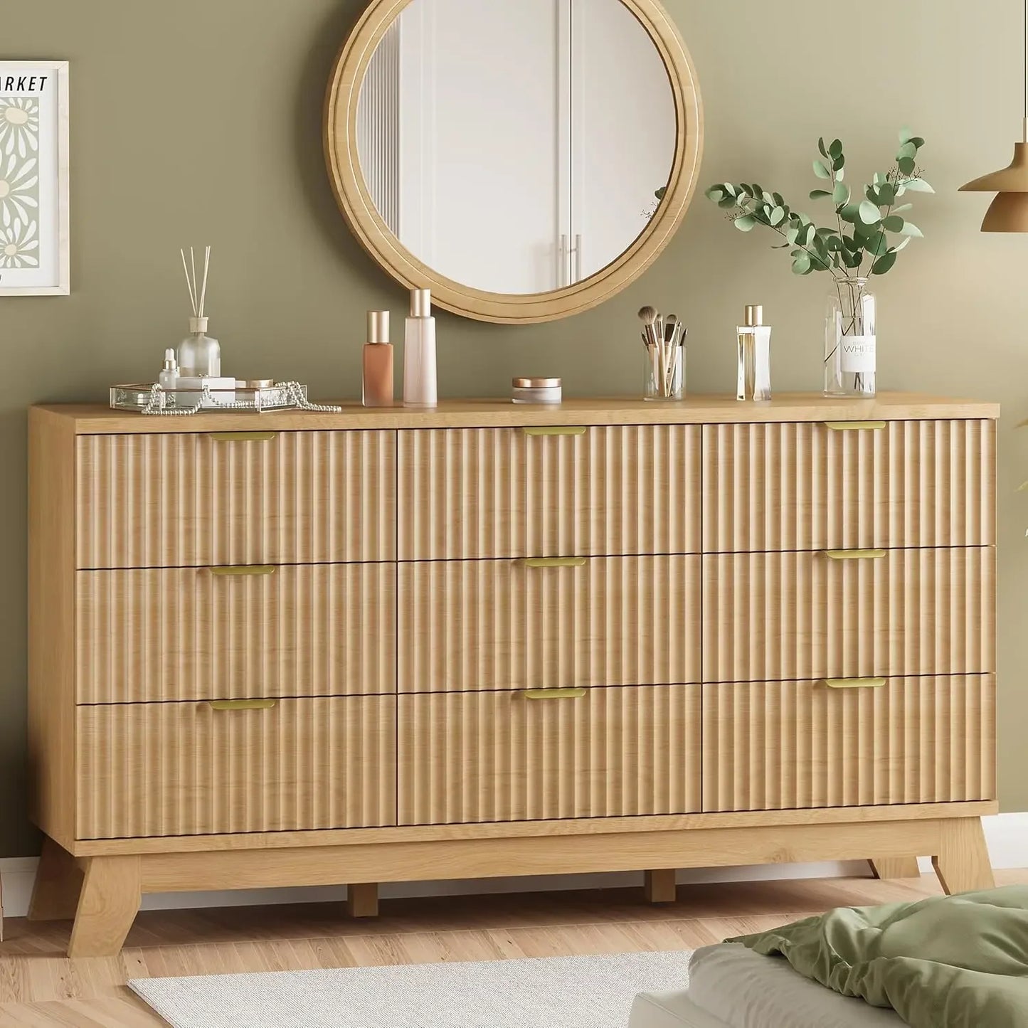 Fluted Dresser With 9 Drawers And Metal Handle For Bedroom