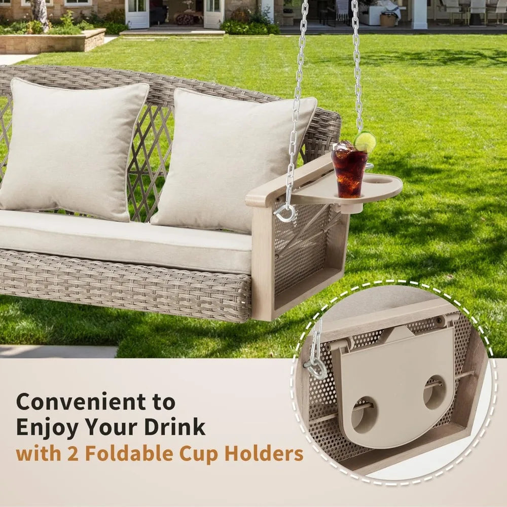 Three Person Wicker Porch Swing With Upgraded Cup Holder Cushions