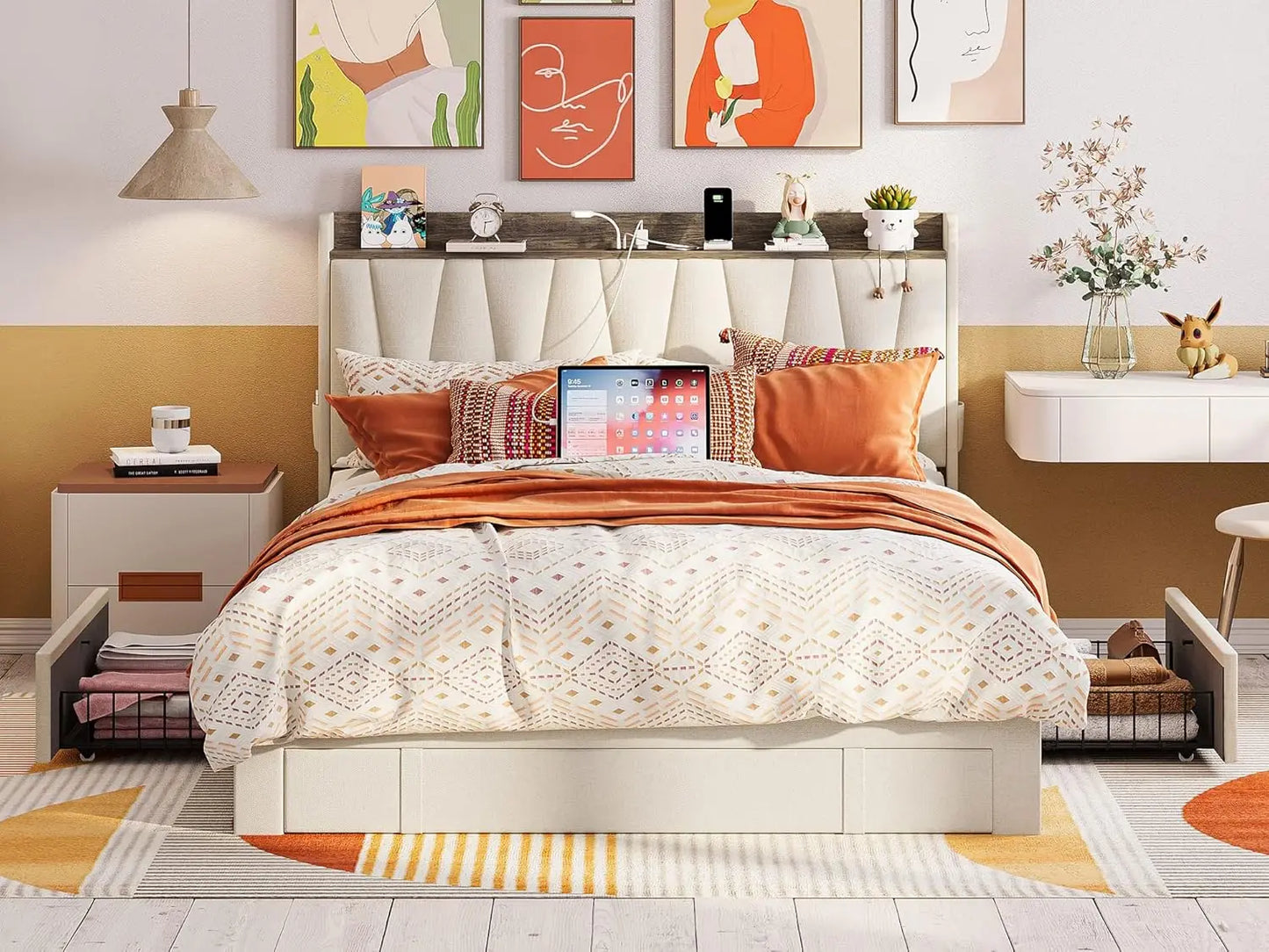 Bed Frame With Storage Drawers And Charging Station