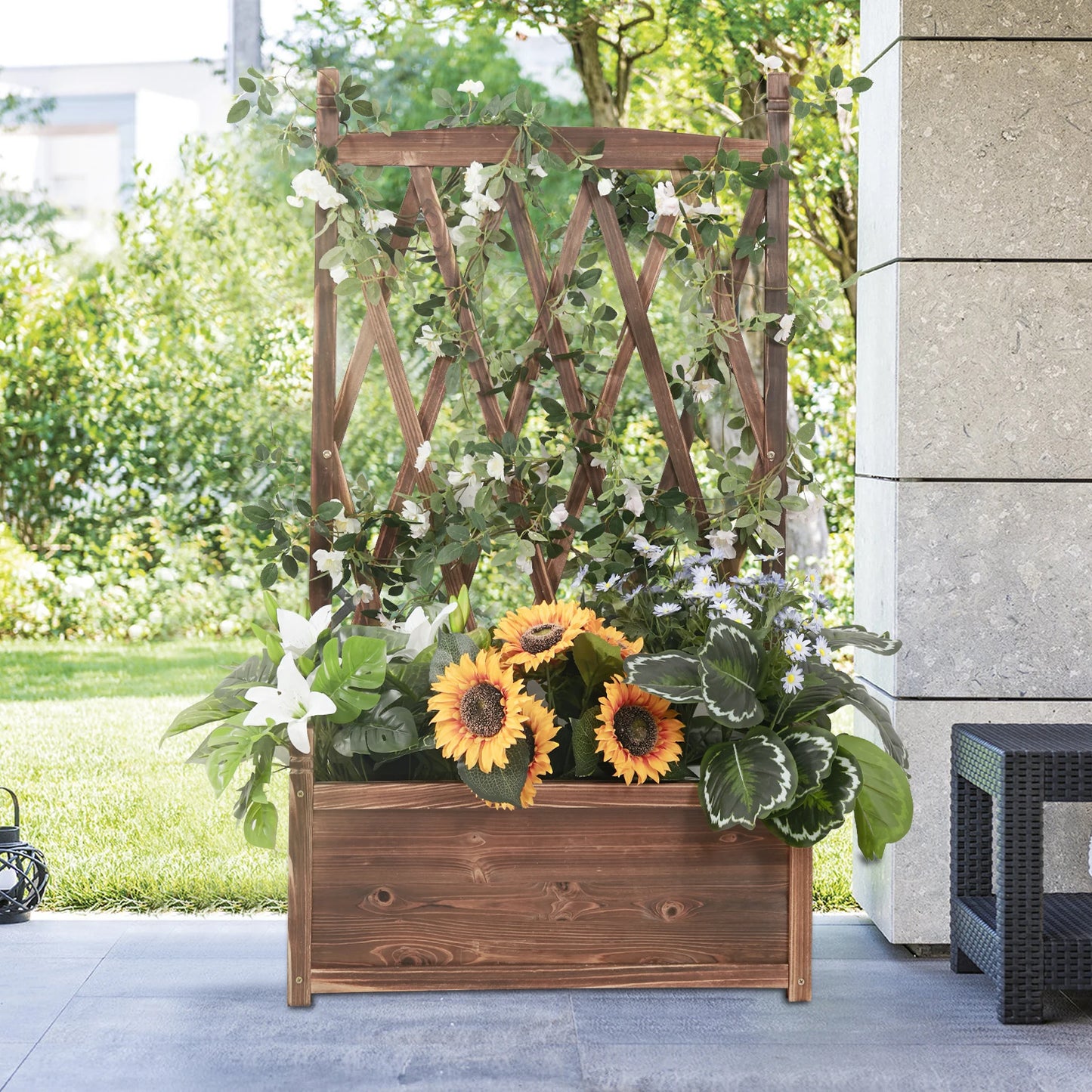 Elevated Wood Planter Box With Trellis For Herbs And Flowers