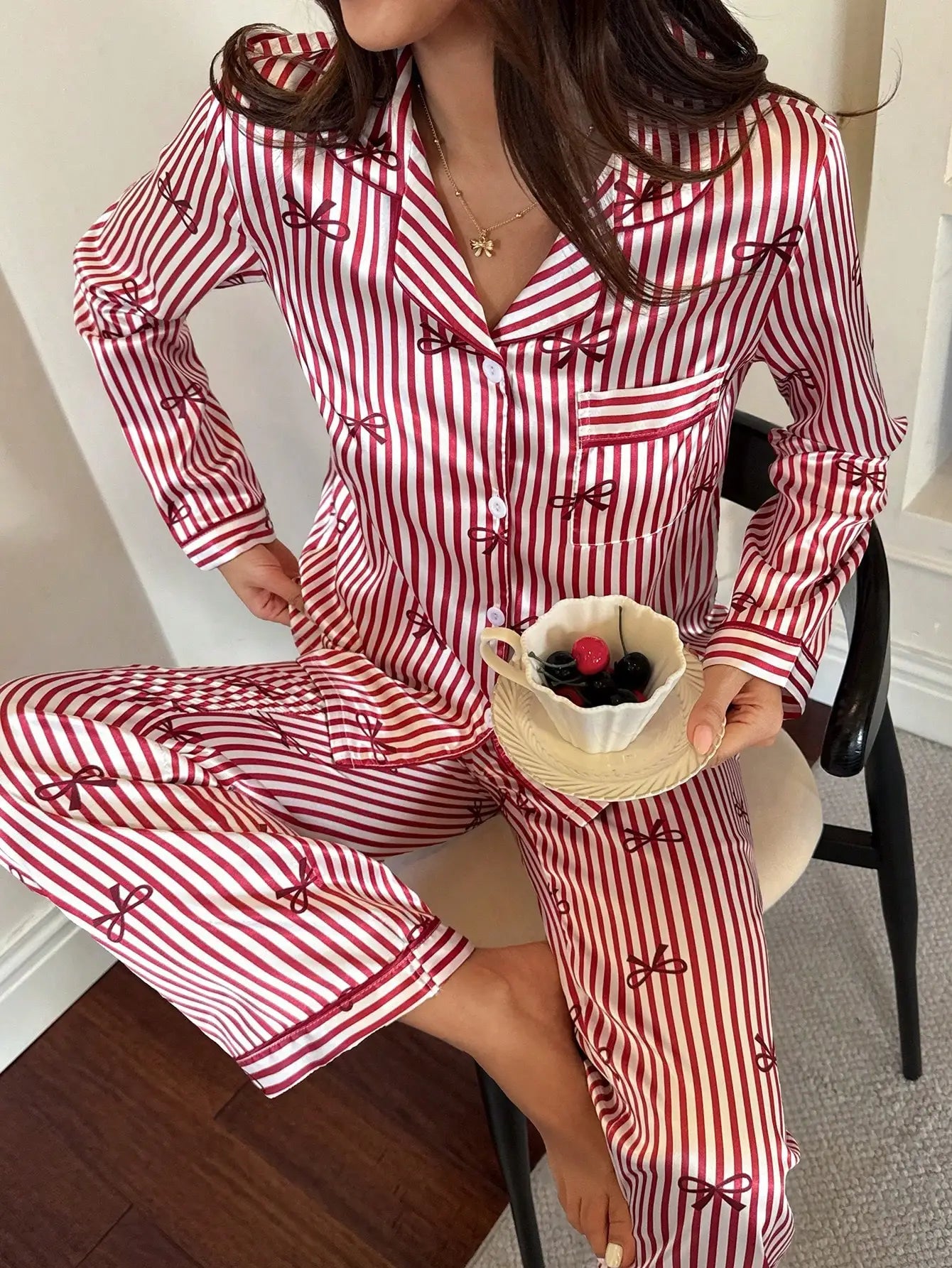 Women's Striped Satin Pajama Set With Bow Print Long Sleeve Top And Pants