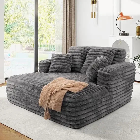 Oversized Faux Fur Chaise Lounge Sleeper Sofa with Pillows