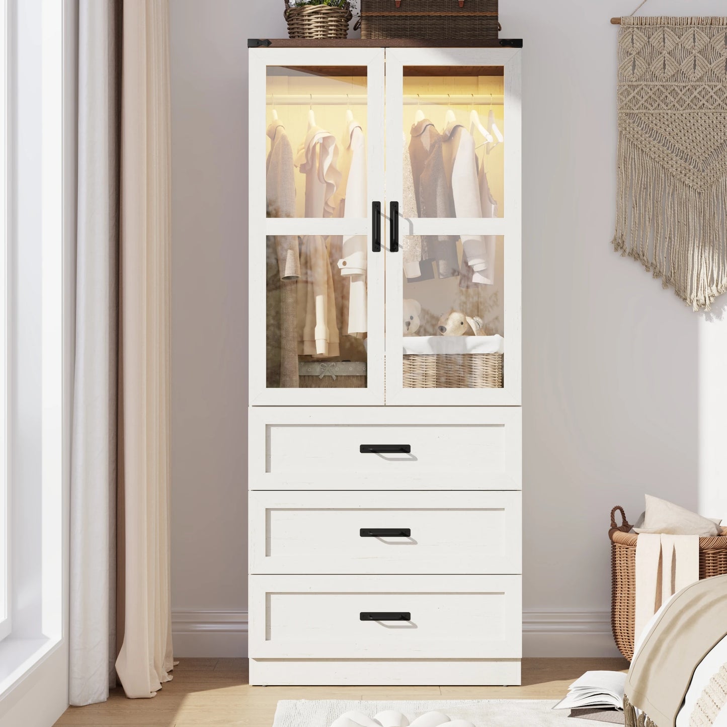 QiaoShiRen Farmhouse Armoire Wardrobe With LED Lighting Freestanding