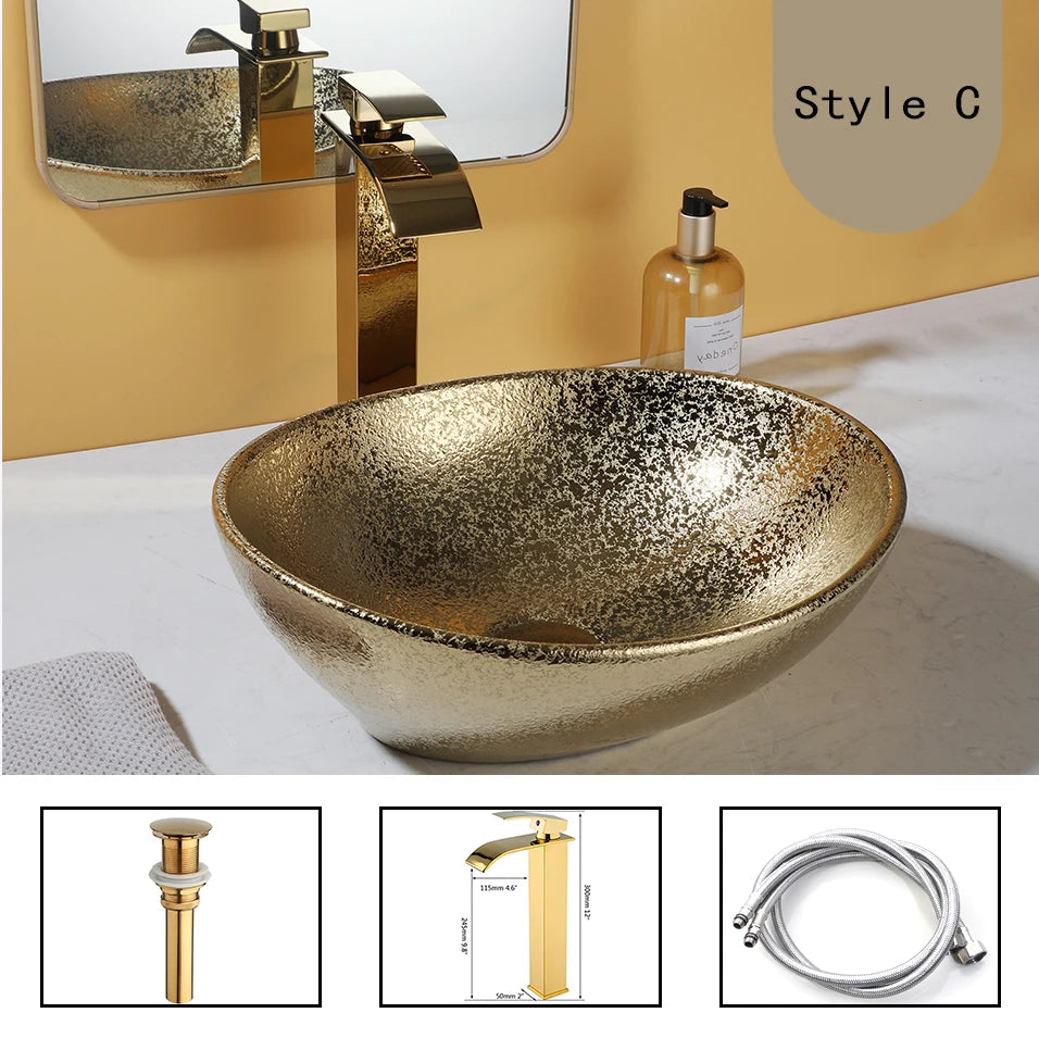 Yanksmart Ceramic Bathroom Sink Set With Deck Mounted Faucet Pop Up Drain