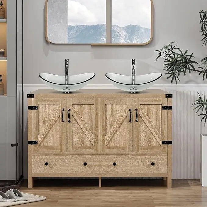 Huanzhuang Rustic Bathroom Vanity With Two Vessel Sinks