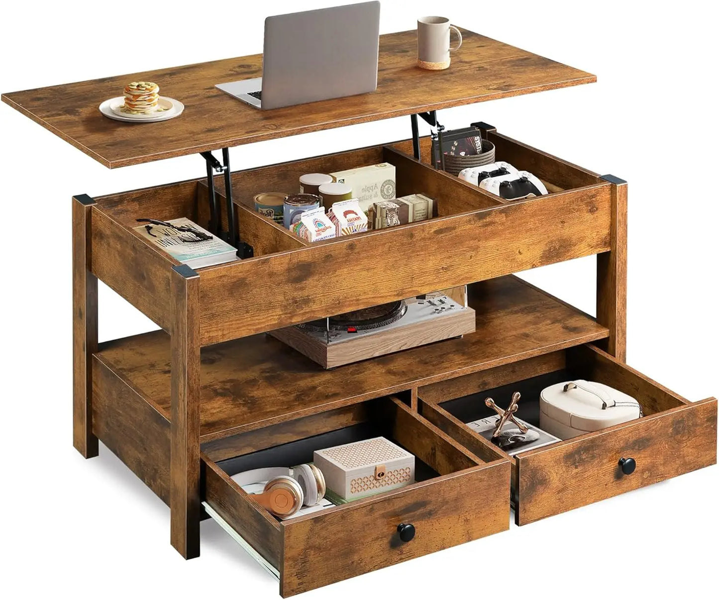 Lift Top Coffee Table With LED Light and Two Drawers