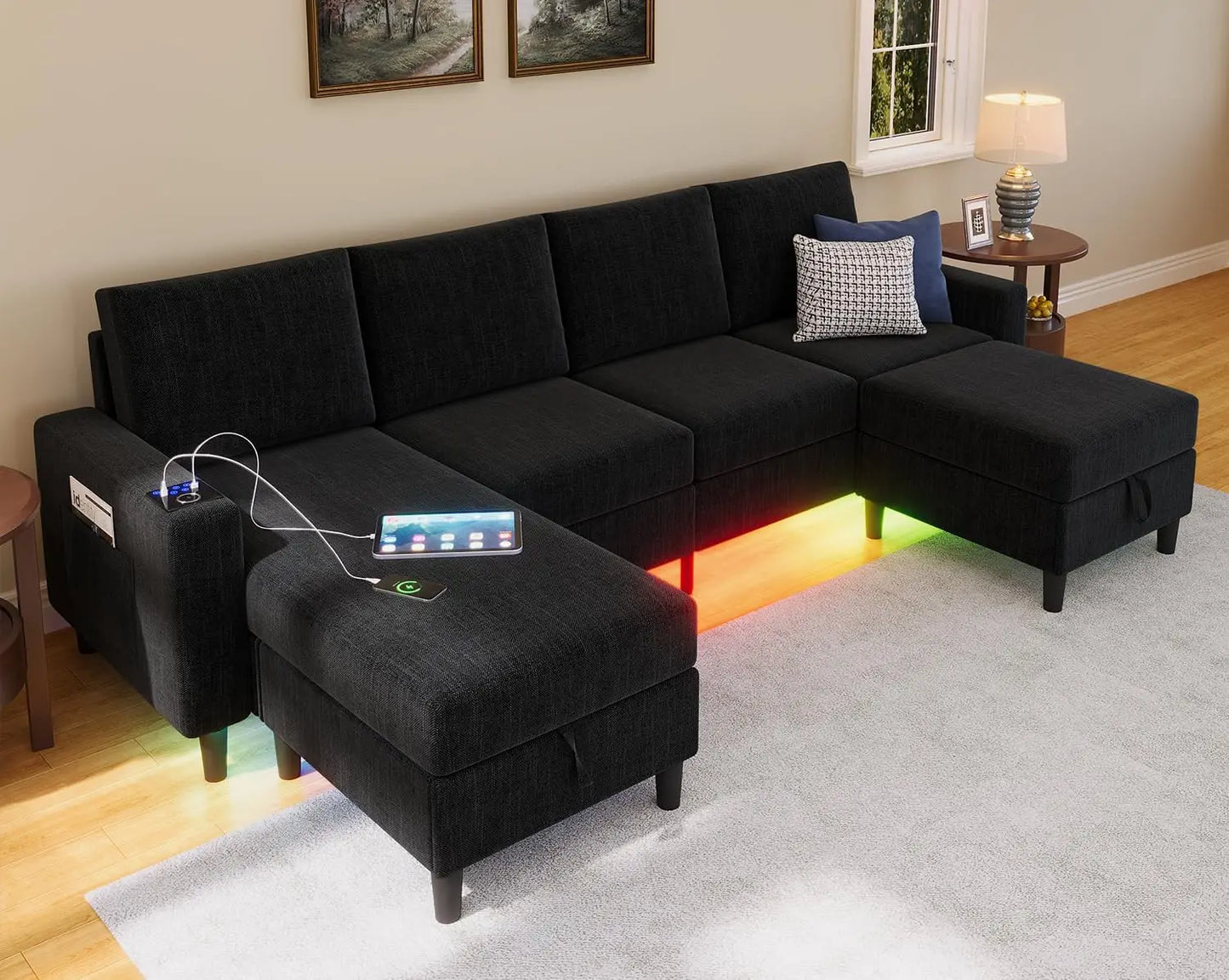 HUANZHUANG Smart Sectional Sofa With RGB Lighting And Charging