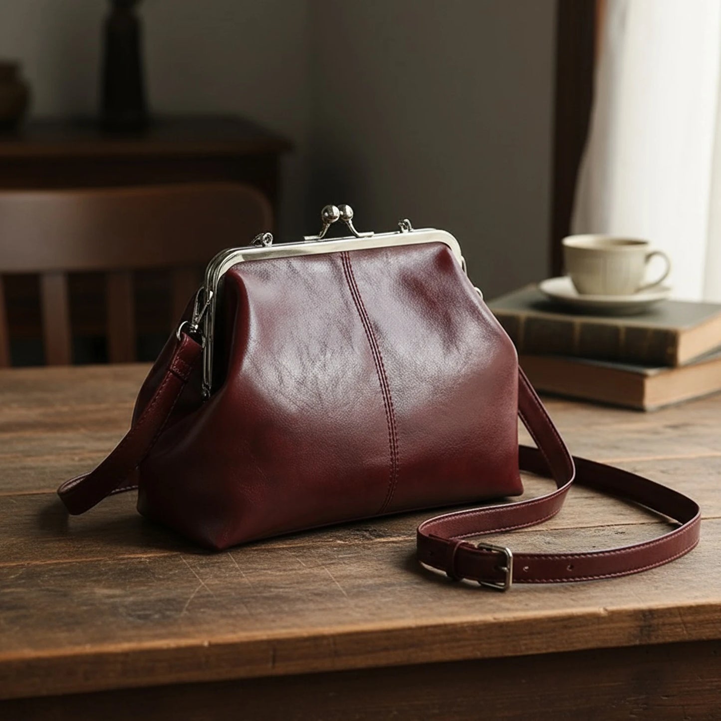PU Leather Shoulder Bag For Women Adjustable Strap Kiss Lock