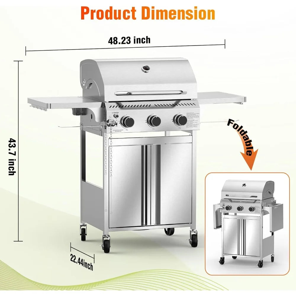Stainless Steel 3-Burner Propane Grill With Folding Tables