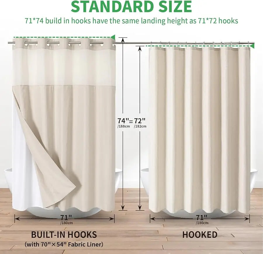 No Hooks Polyester Textured Shower Curtain With Snap-In Fabric Liner