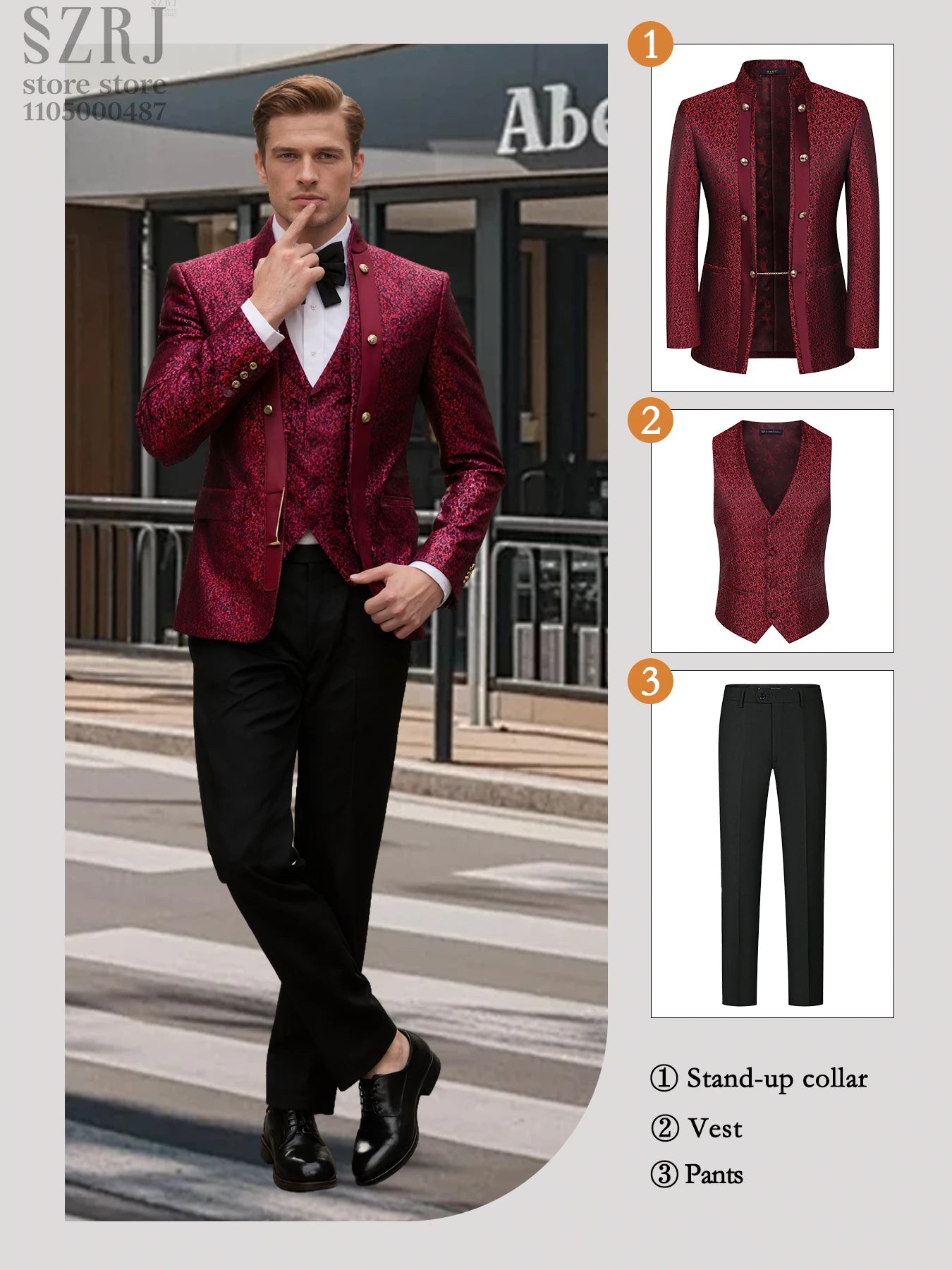 Men's Floral Three Piece Tuxedo Suit With Double Breasted Vest