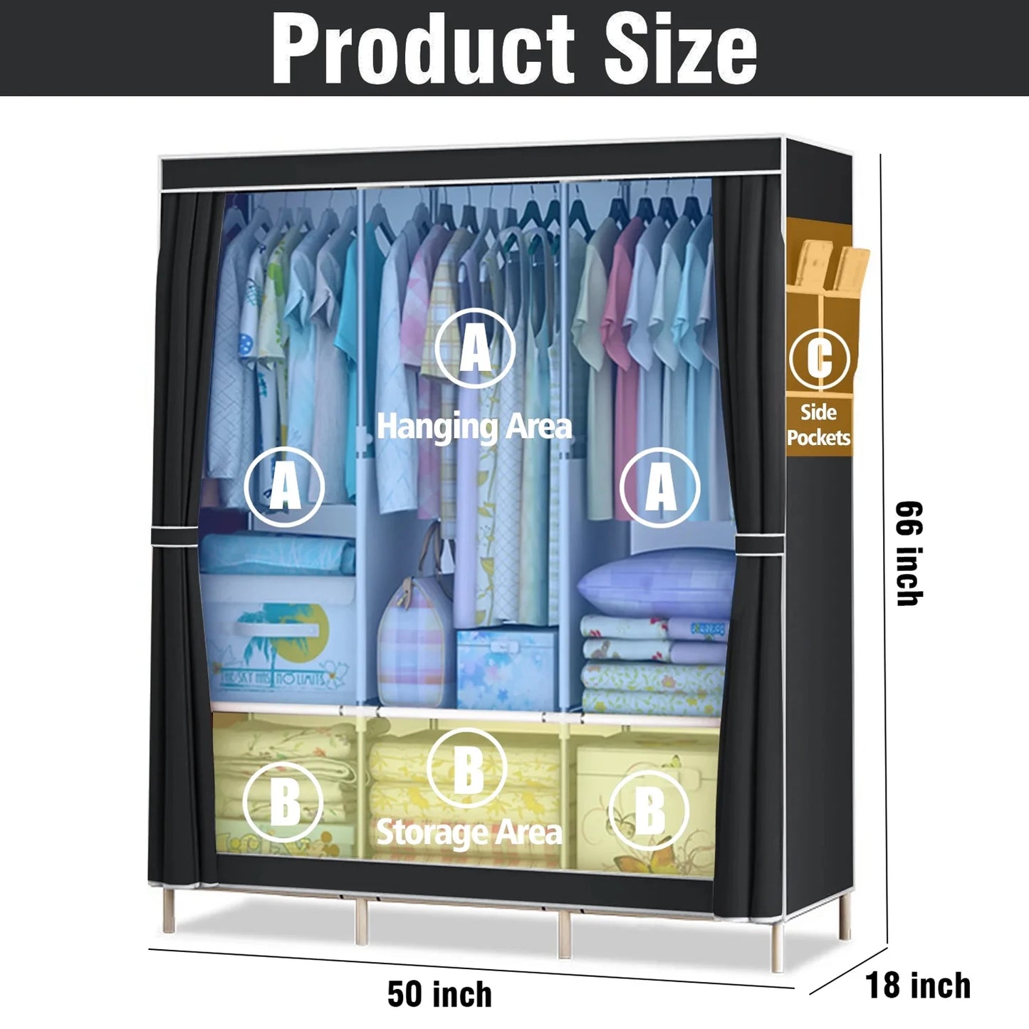 Portable Closet Wardrobe With Metal Frame And Nonwoven Fabric Cover