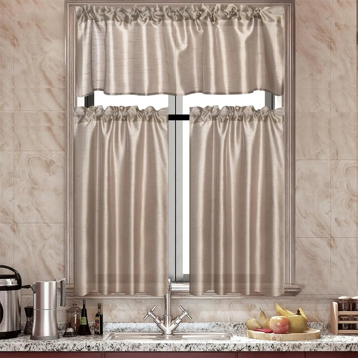 Jiangsu Craft Of Weaving Faux Silk Sheer Curtain Set 3 Panels With Valance