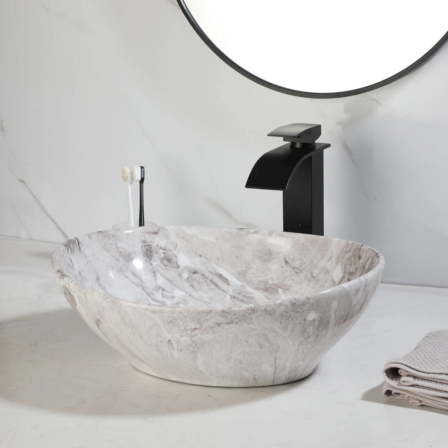 MEKKHALA Oval Vessel Sink With Faucet Marble Ceramic