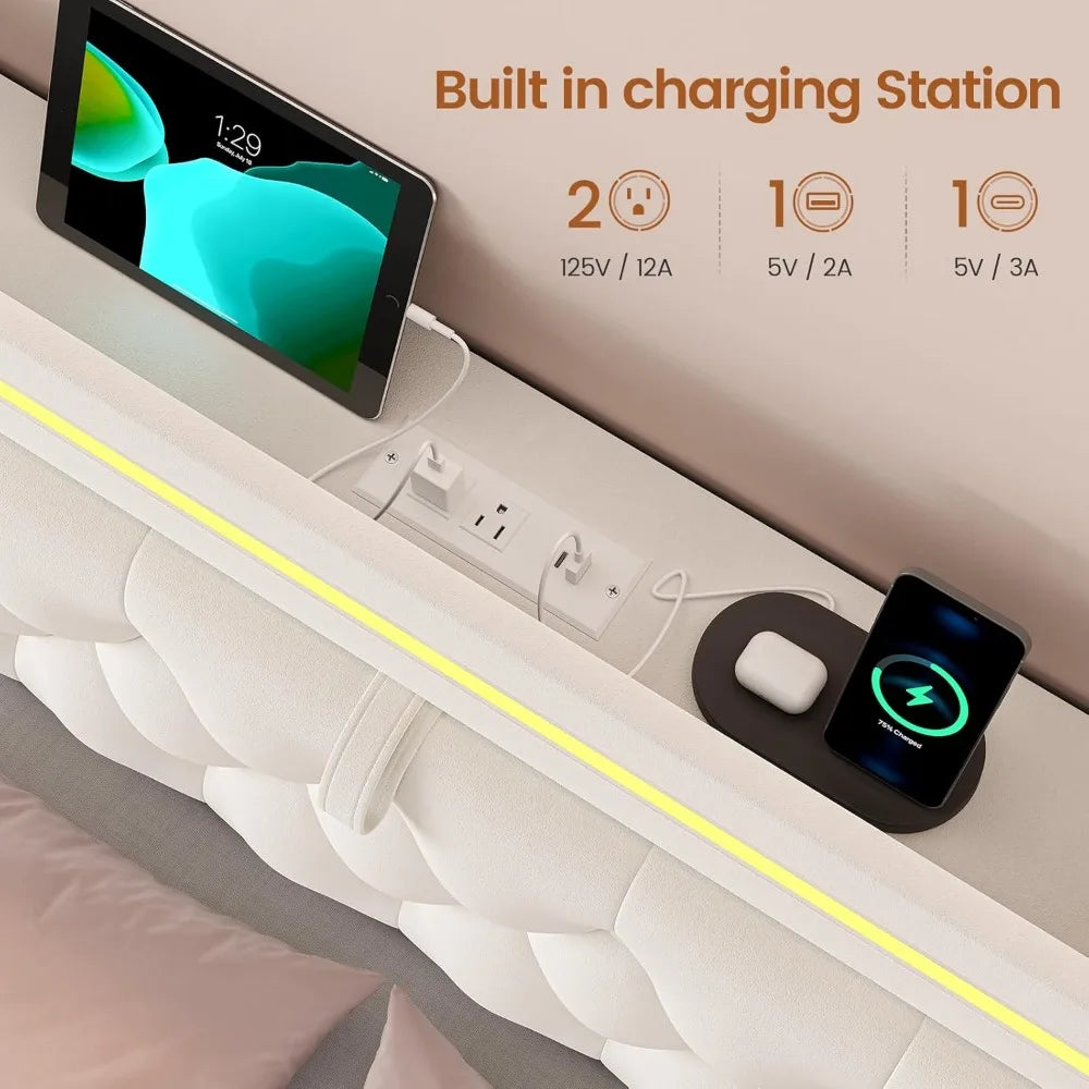 LED Bed Frame With Storage Drawers And Charging Station