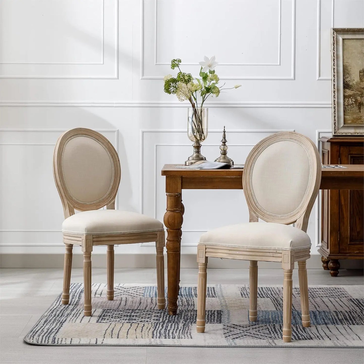 French Round Back Upholstered Dining Chairs Set 2 Solid Wood