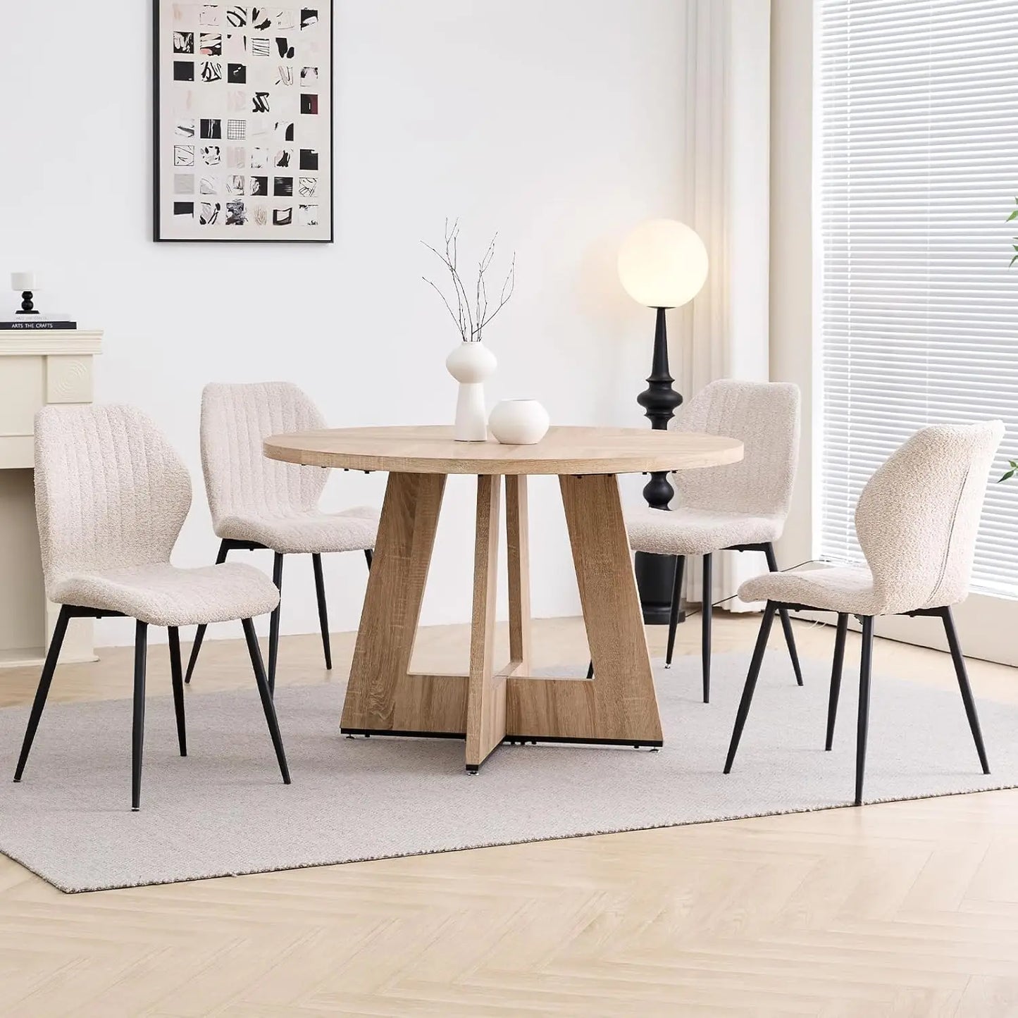 Round Mid-Century Dining Table Set With Metal Legs And Chairs