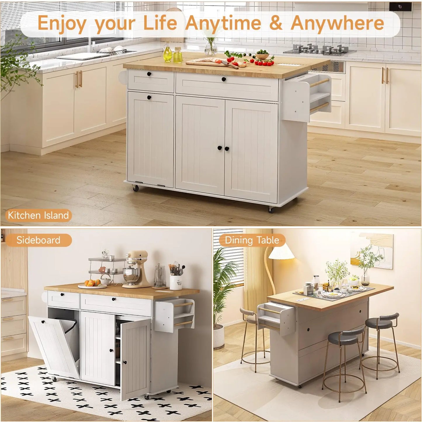 ONBRILL Mobile Kitchen Island With Power Outlet, Drop Leaf, Towel Rack