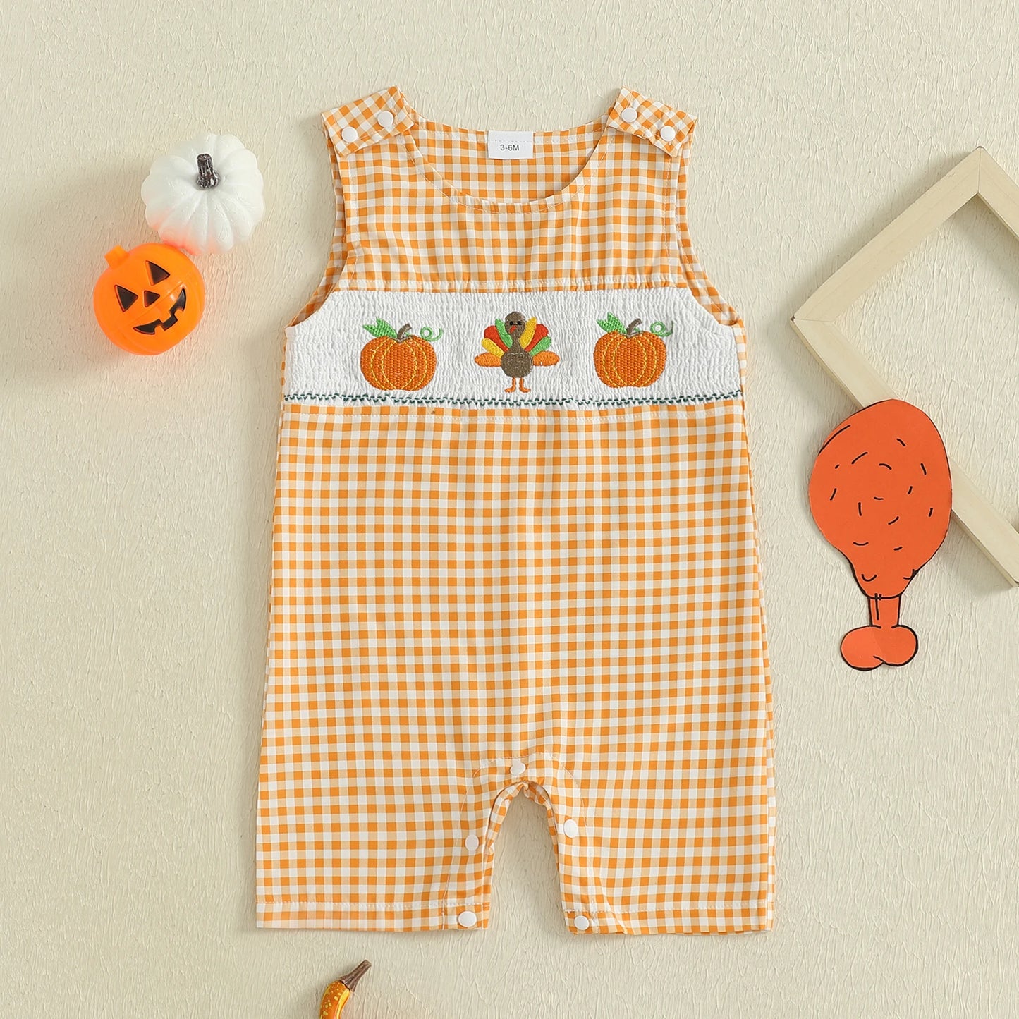 NONECN Thanksgiving Plaid Baby Bodysuit With Turkey And Pumpkin Embroidery