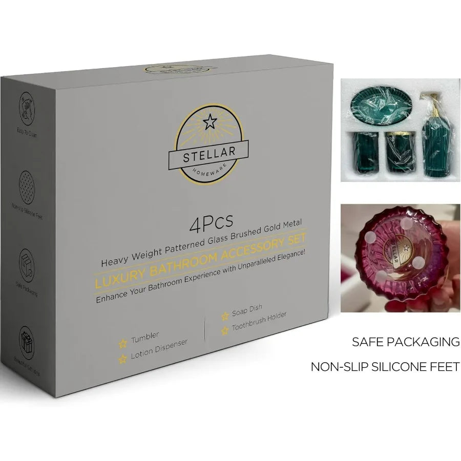 Brushed Metal Patterned Glass Bathroom Accessory Set 4 Piece