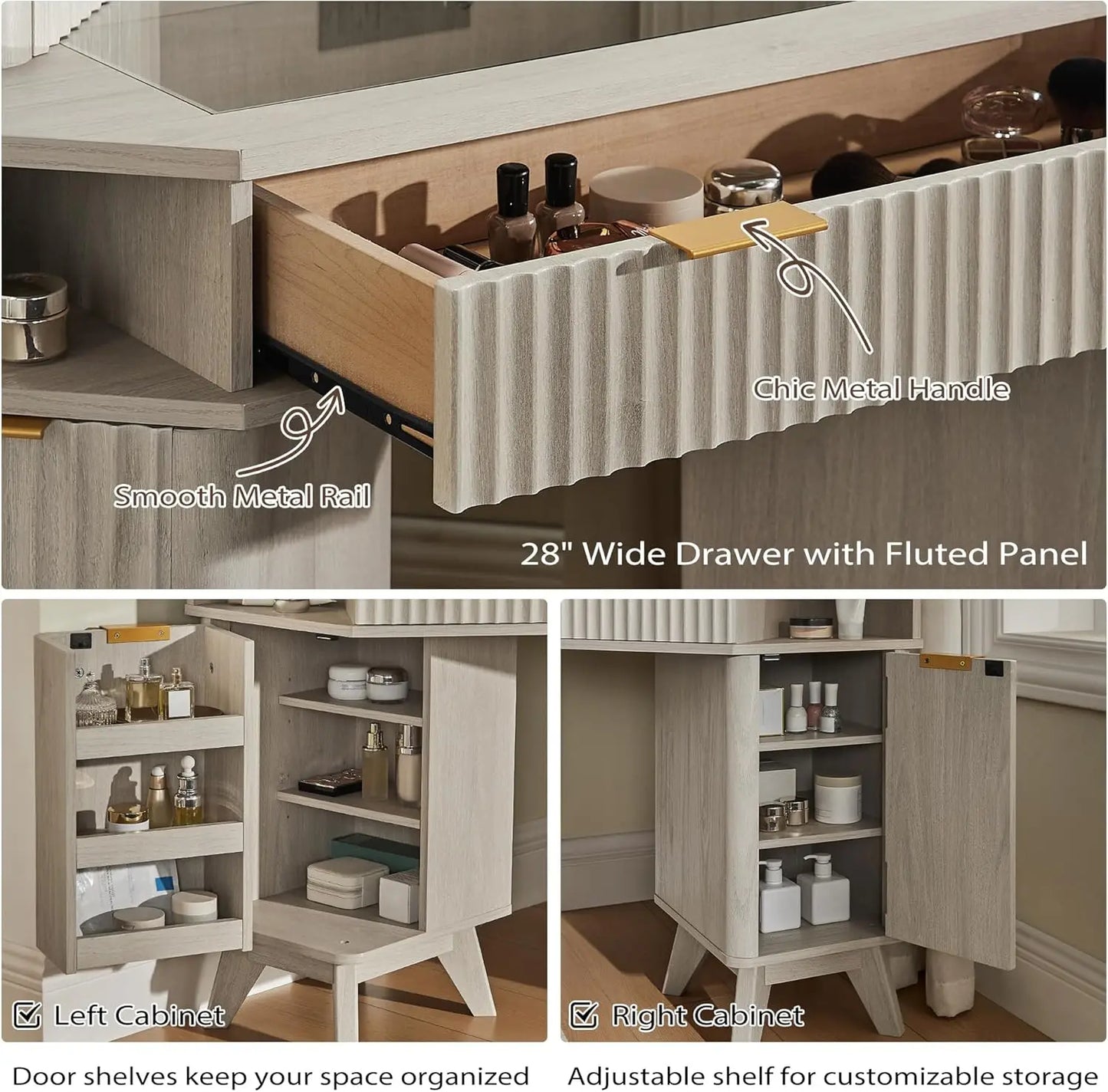 Fluted Makeup Vanity Desk With Three Way Mirror And Lights