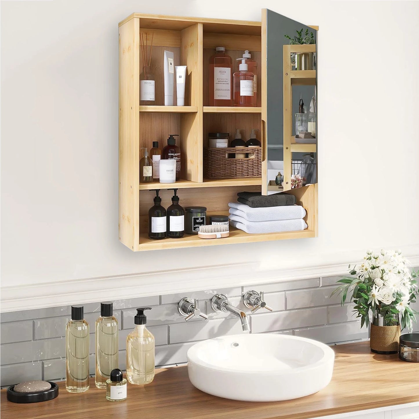 Wisfor Bamboo Bathroom Wall Cabinet With Mirror Medicine Storage Shelves