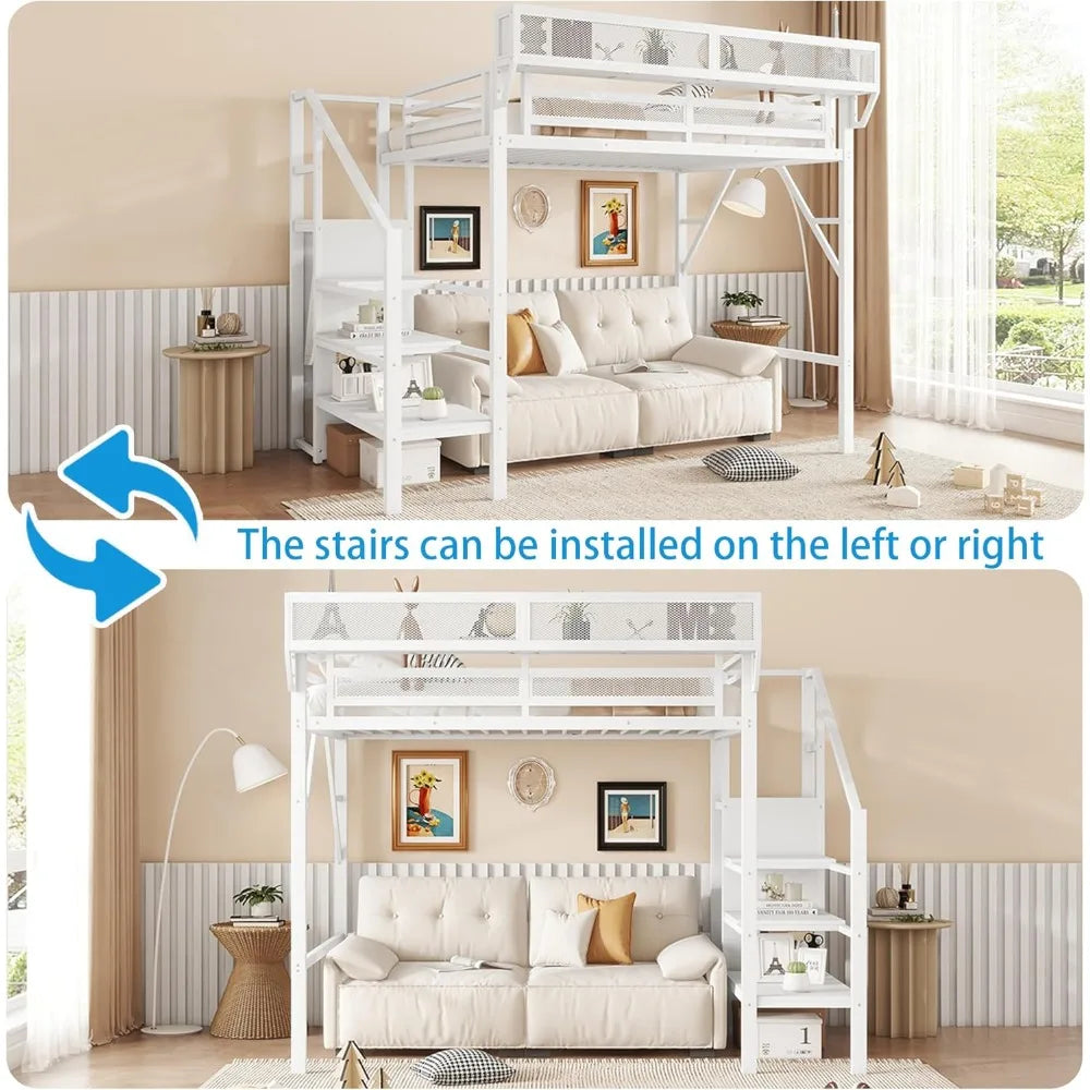 MKDK Metal Loft Bed With Stairs And Storage Wardrobe