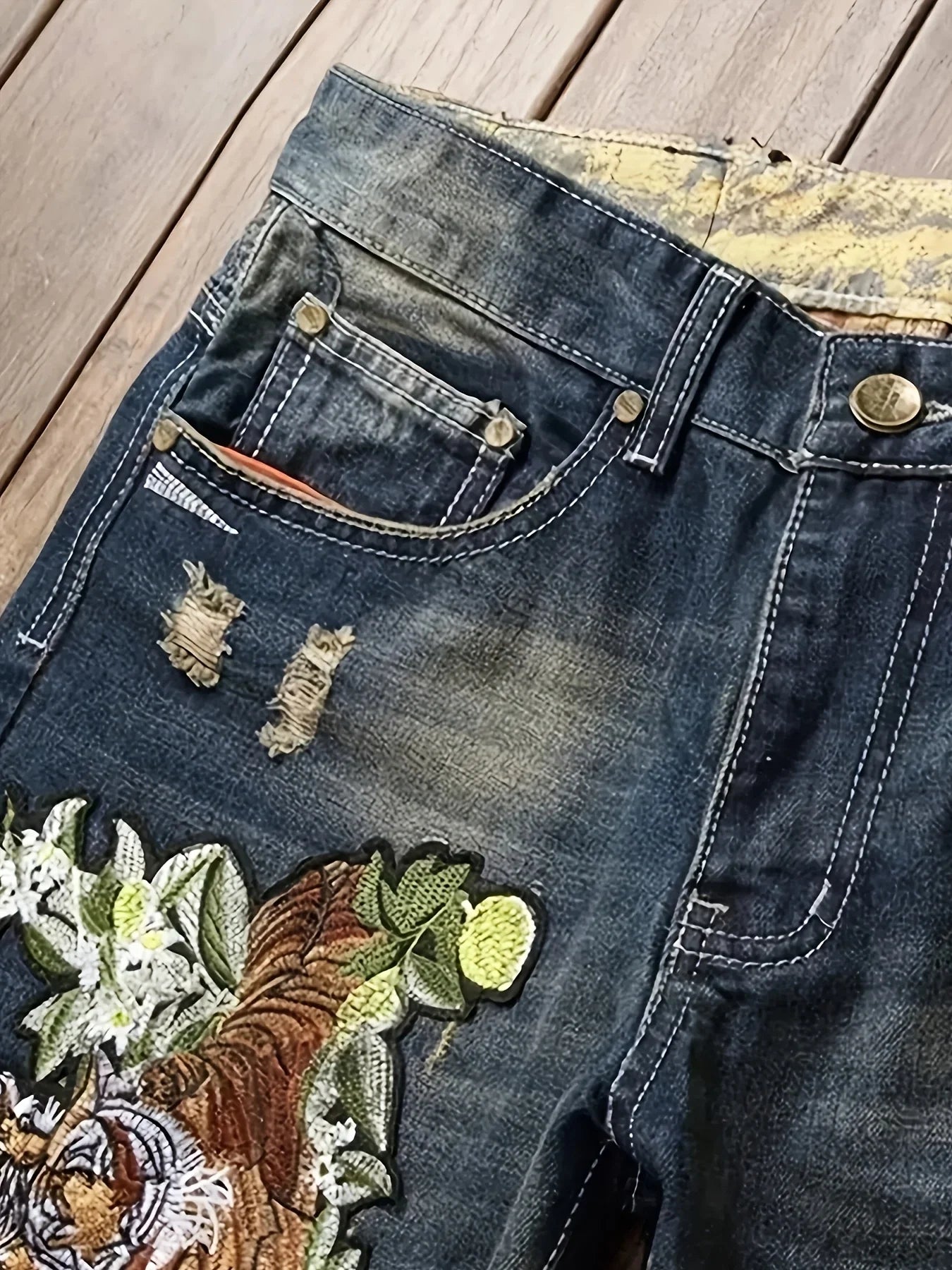 Men's Ripped Slim Biker Jeans Regular Fit Denim Embroidered