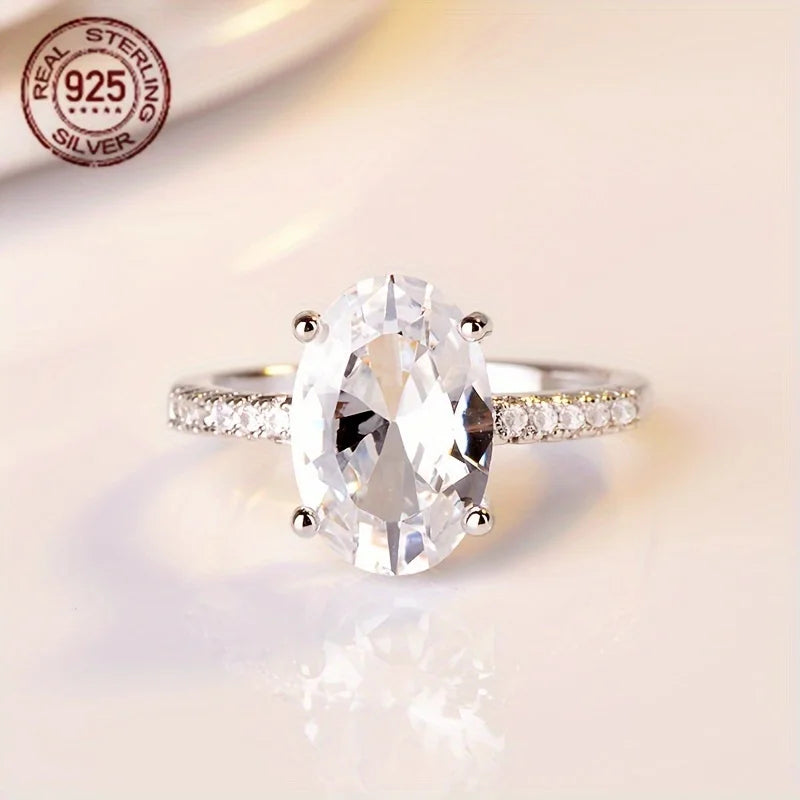 WPOOCC S925 Silver Zircon Oval Ring With Platinum Plating Engagement