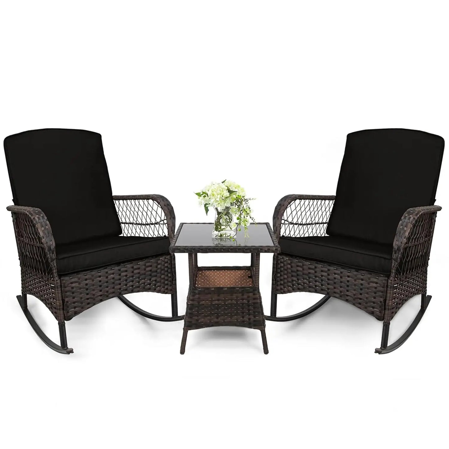 Outdoor Rocking Bistro Set With Glass Table PE Wicker 3-Piece