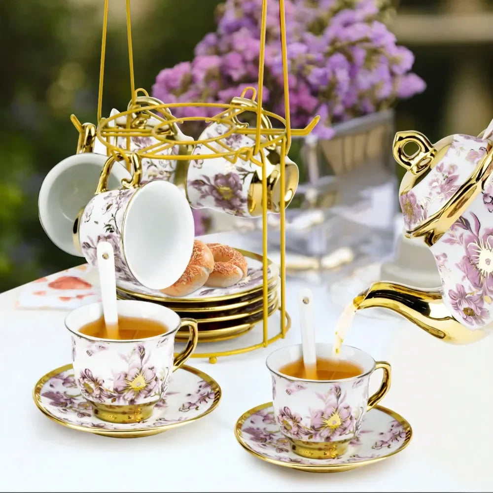 XMSJ Floral Porcelain Tea Set With Elegant Serving Tray
