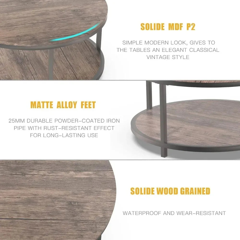 Round Coffee Table With Storage Shelf Wood Top Metal Legs
