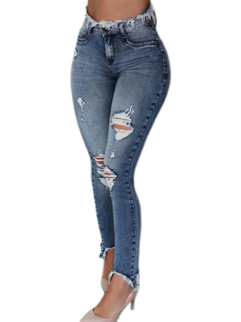 Women's High Waisted Fringed Ripped Skinny Denim Jeans