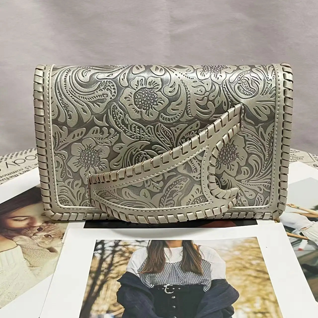 NONECN Retro Pattern PU Leather Handbag For Women Everyday