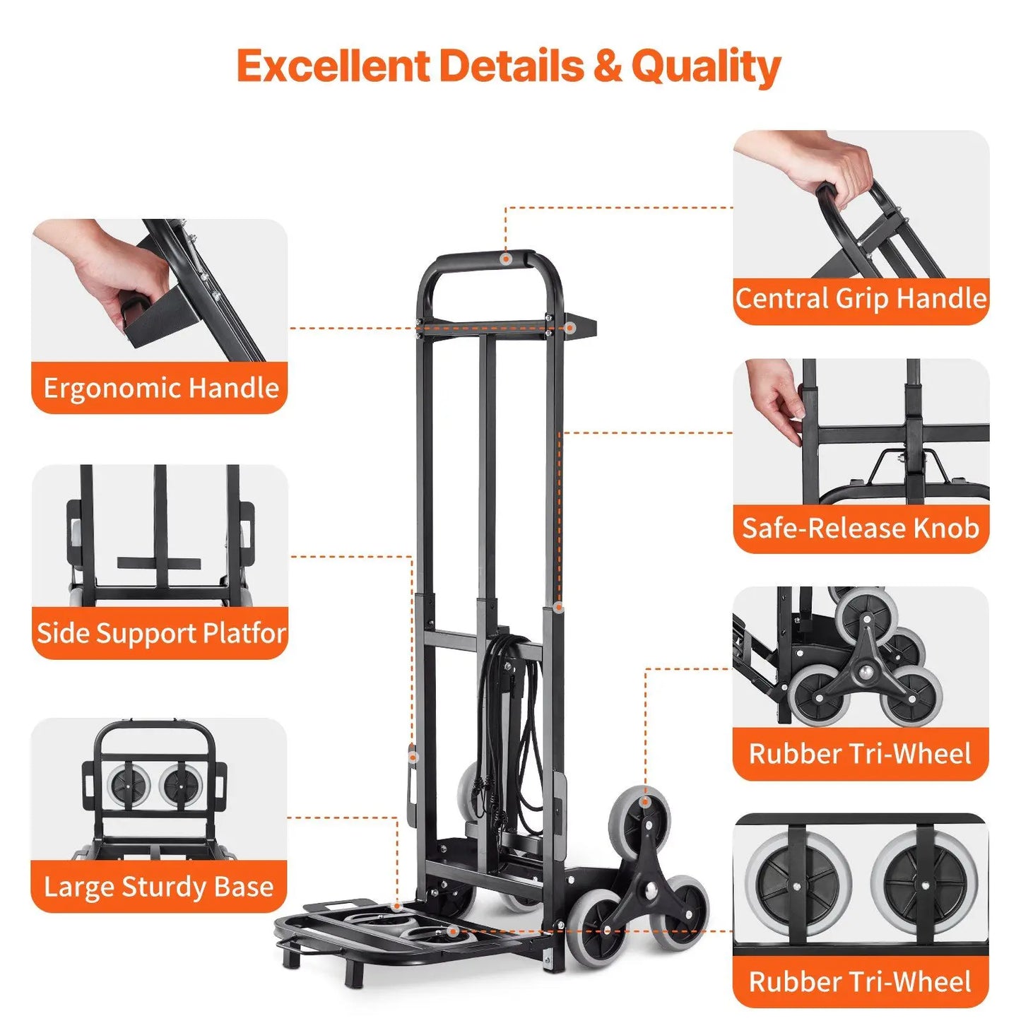 Stair Climbing Cart Heavy Duty Hand Truck Dolly With Adjustable Handle And Six Wheel Folding Design
