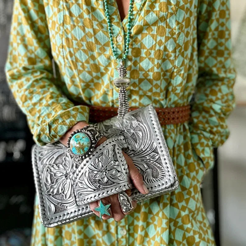 NONECN Retro Pattern PU Leather Handbag For Women Everyday