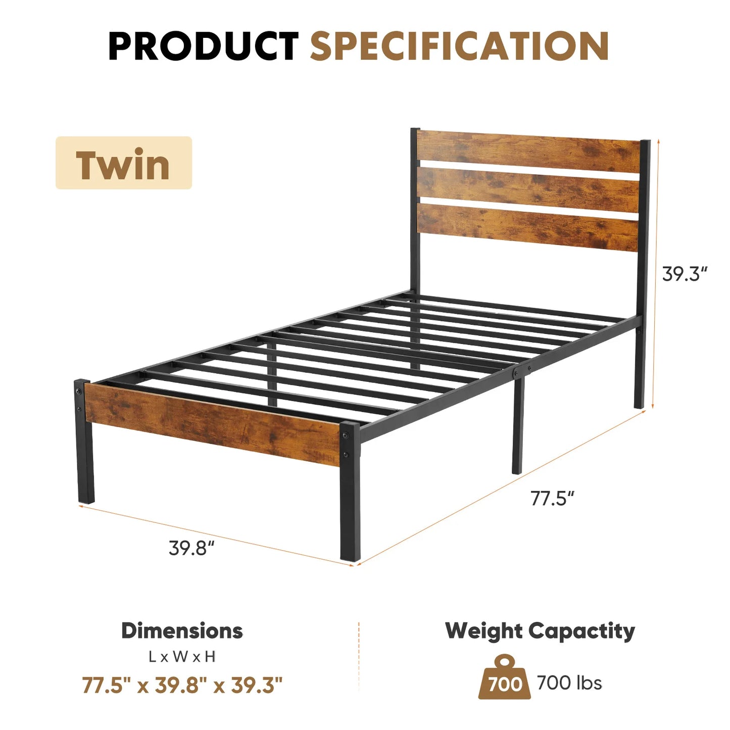 JHK Metal Platform Bed Frame With Headboard And Wooden Slats