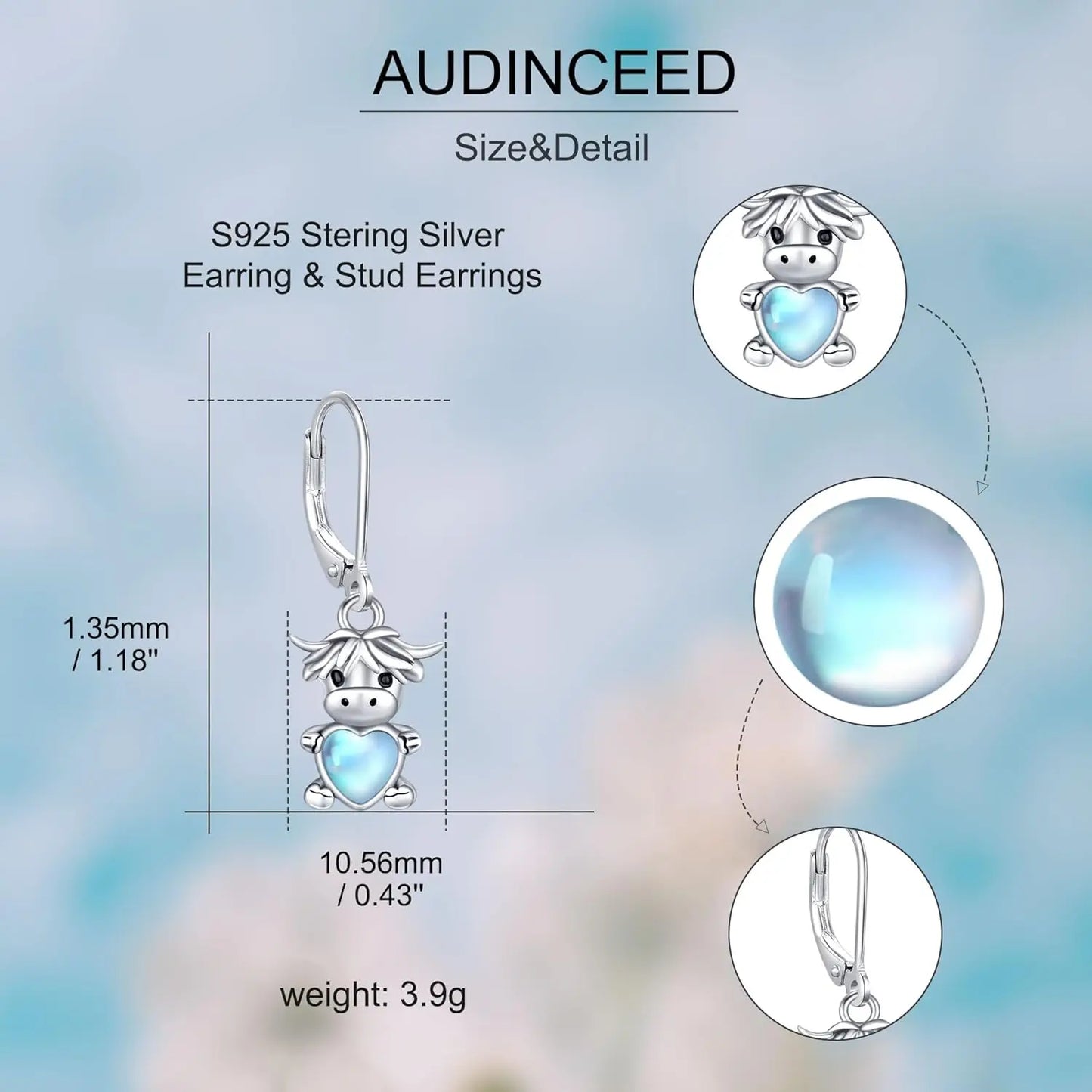 DRINSPER Highland Cow 925 Sterling Silver Hypoallergenic Stud Earrings