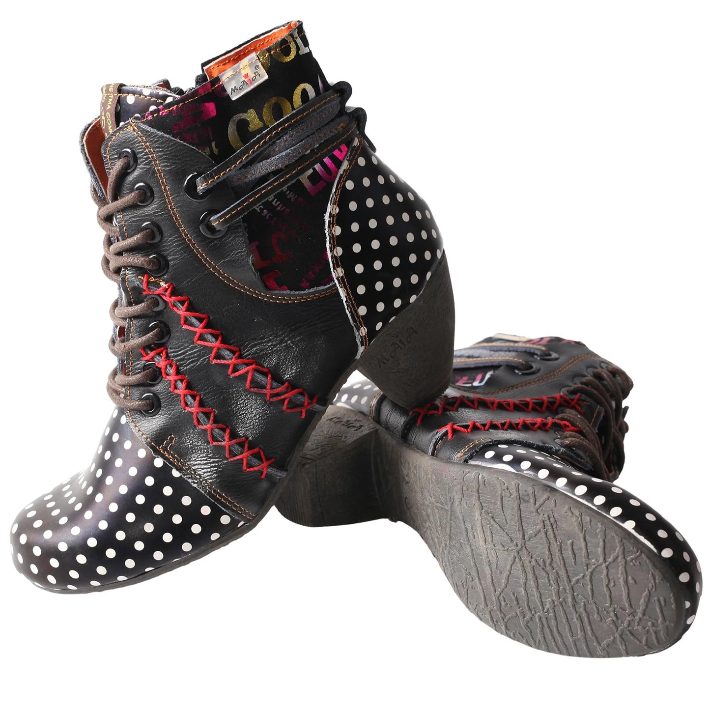 TMA EYES Polka Dot Leather Moccasin Stitch Ankle Boots
