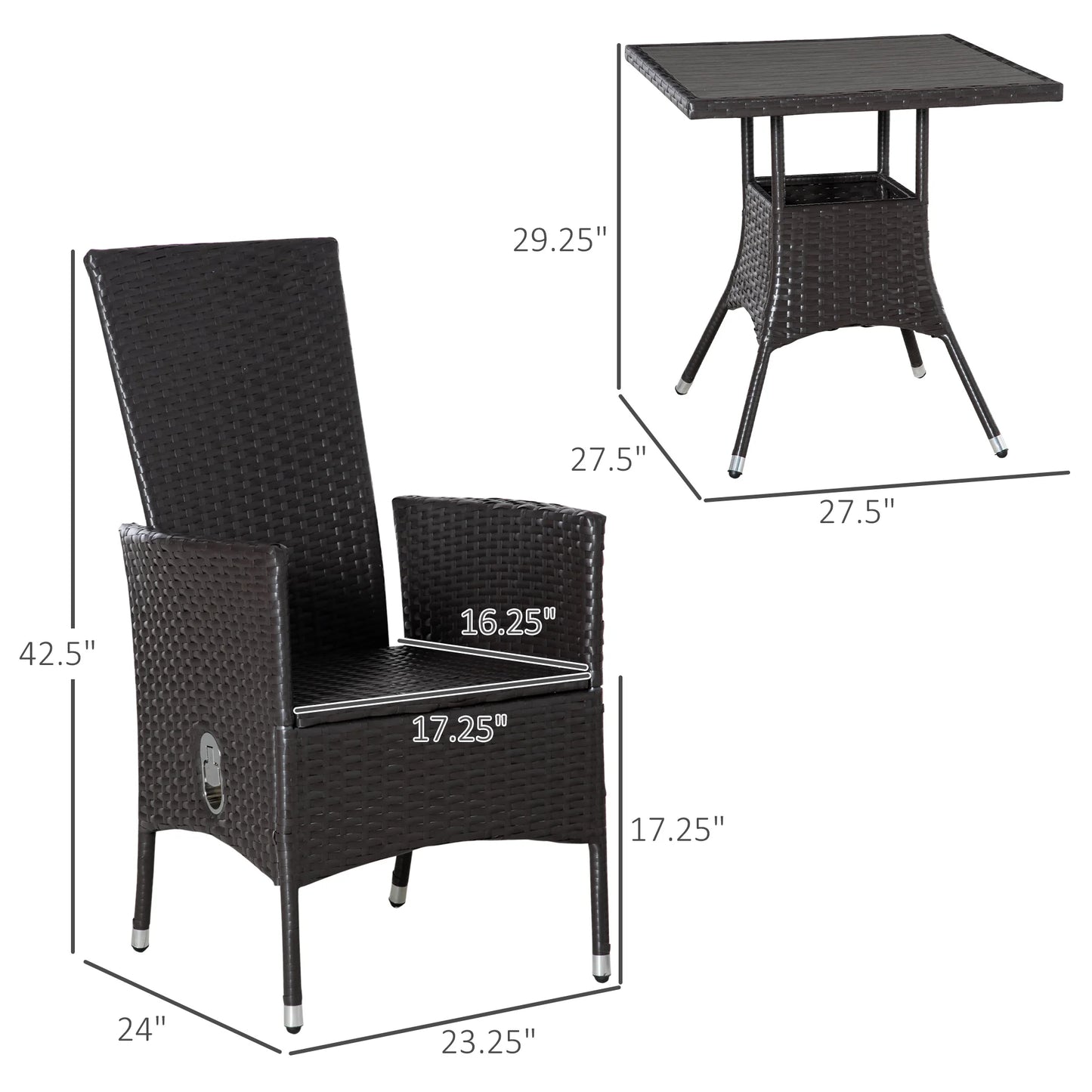 3 Piece Patio Reclining Chair Set Rattan Wicker Outdoor Furniture