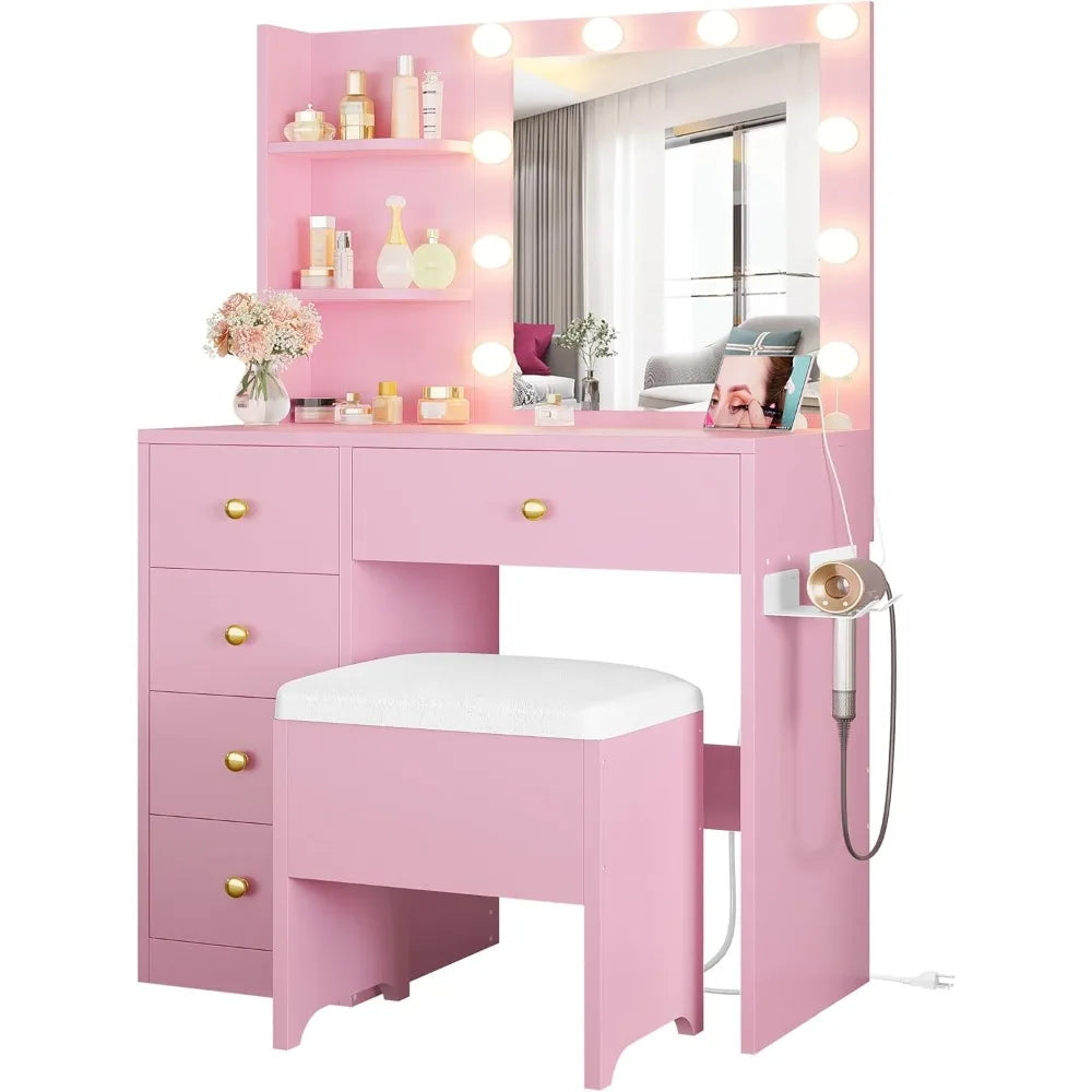 ZHUOTING Vanity Desk With Mirror And Lights 5 Drawers