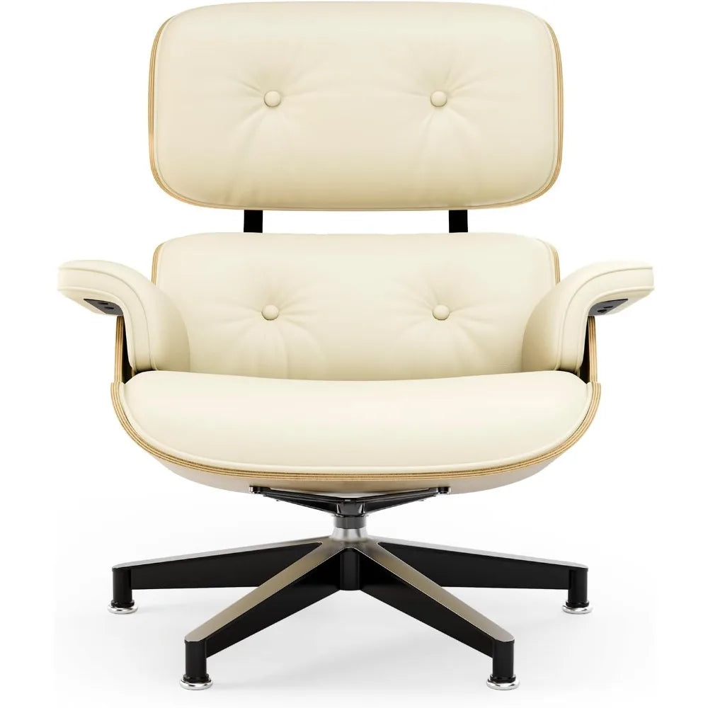 ZHUXIANG Grain Leather Mid Century Chaise Lounge Chair And Ottoman Ash Wood Base