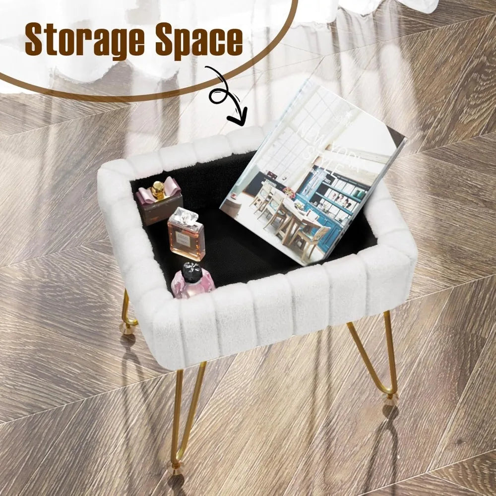 XIUWO Greenstell Faux Fur Vanity Stool With Storage